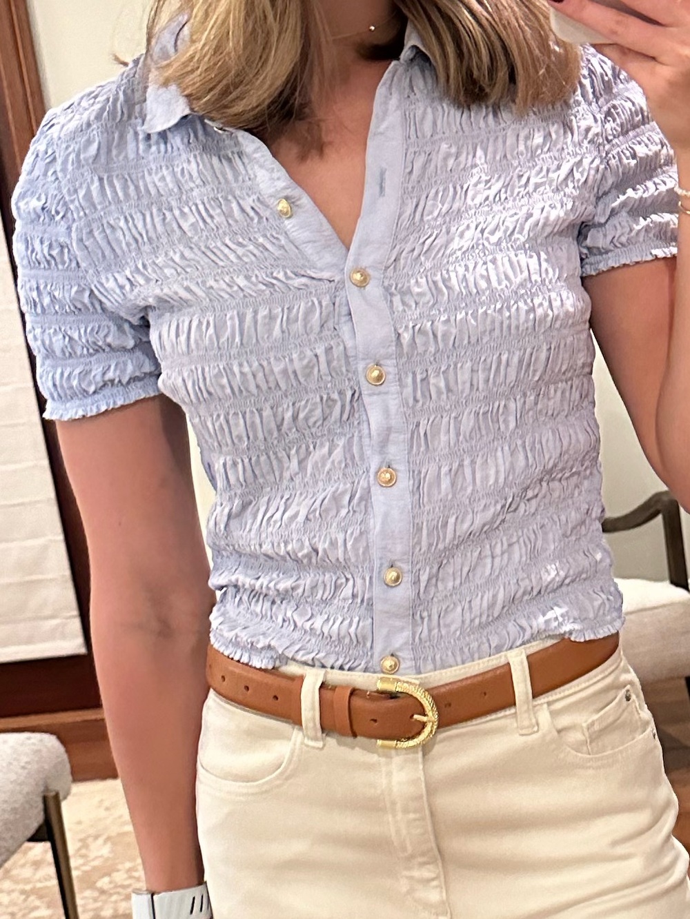 J. Crew Light Blue Ruched Button-Front Short Sleeve Shirt